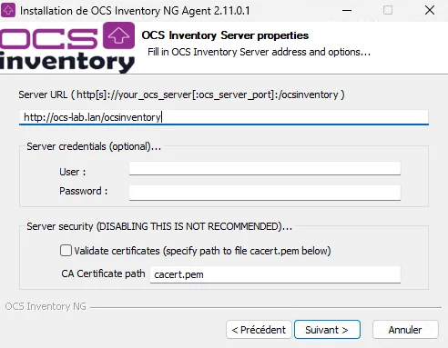 Config agent OCS avec le serveur